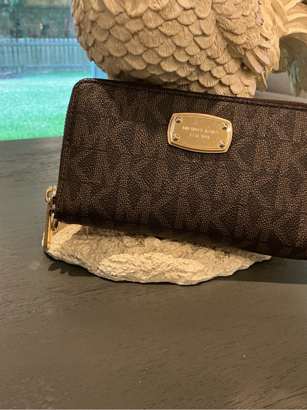 Michael Kors Brown Logo Zip-Around Phone Wallet with Gold Plaque
